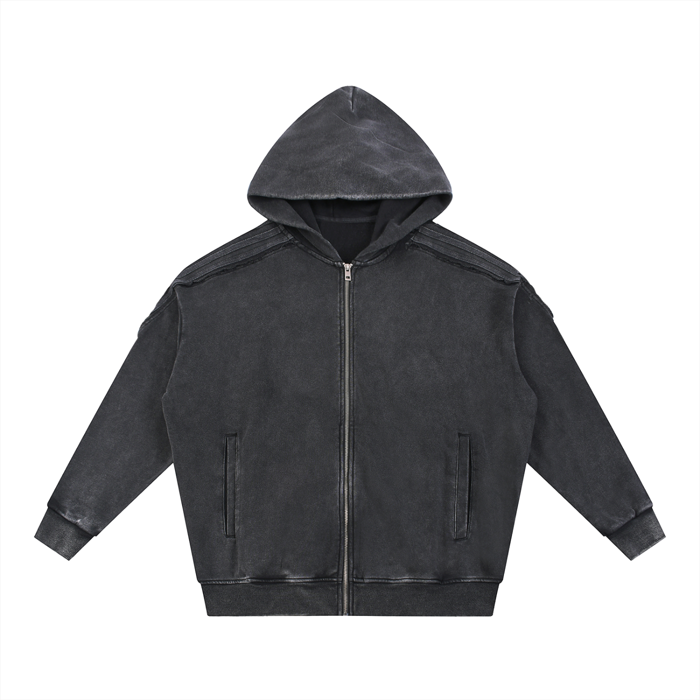 Minimal Traveler Snow Washed Tape Raw Edge Zip Hoodie
