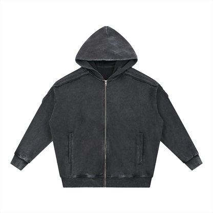 Minimal Traveler Snow Washed Tape Raw Edge Zip Hoodie