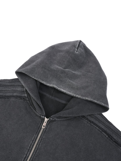 Minimal Traveler Snow Washed Tape Raw Edge Zip Hoodie